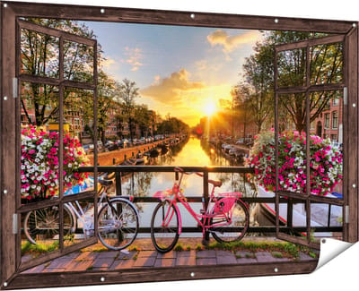 Gards Tuinposter Doorkijk Amsterdamse Brug met Zonsopgang - 180x120 cm - Tuindoek - Tuindecoratie - Wanddecoratie buiten - Tuinschilderij
