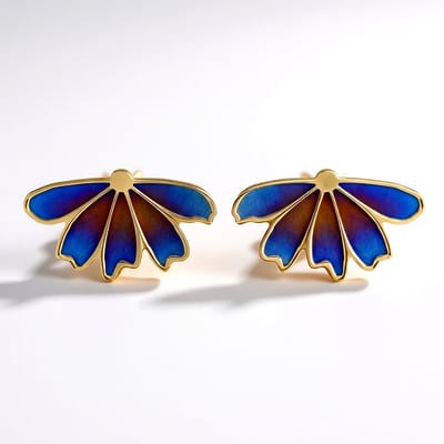 Cavill - Titanium oorbellen - Verguld 925 Zilver - Blauw-Oranje Iriserend Kleurverloop - Lichtgewicht & Robuust - Bloemblad Design - Modieuze Elegant