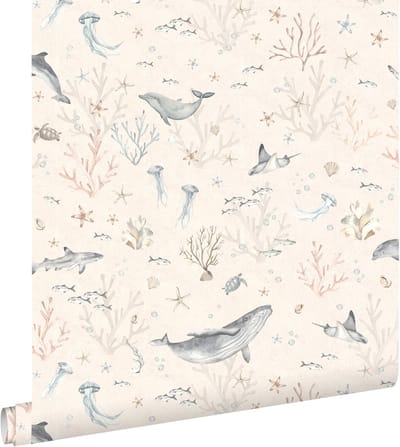 ESTAhome behang onderwaterwereld lichtbeige en vergrijsd blauw - 50 x 900 cm - 131260