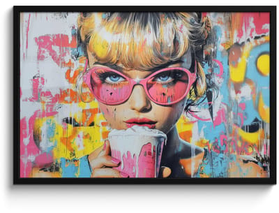 Poster in lijst - Fotolijst 90x60 cm - Posters - Expressief - Milkshake - Vrouw - Felle kleuren - Posterlijst zwart - Decoratie - Wanddecoratie woonkamer - Muurdecoratie slaapkamer