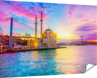 Gards Tuinposter Kleurrijke Ortakoy Moskee in Instanbul - 180x120 cm - Tuindoek - Tuindecoratie - Wanddecoratie buiten - Tuinschilderij