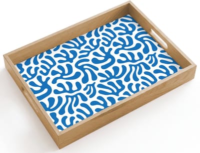 Dienblad hout 40x30 cm - Schootdienblad - Koraal patroon - Wit - Blauw - Zomer - Borrelplank rechthoek - Plateau dienbladen