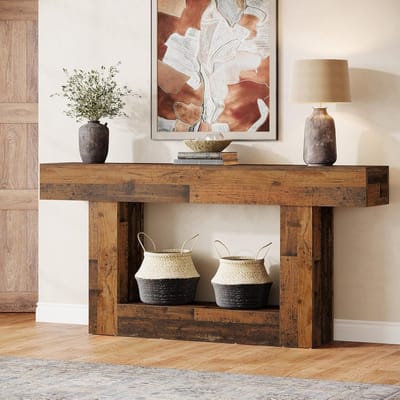 Tribesigns Consoletafe - 2 laags Sidetable met Opbergruimte - Rustic Brown Mix) - 160 x 30 x 82 cm - Console Tafel voor Hal, Woonkamer, Entree