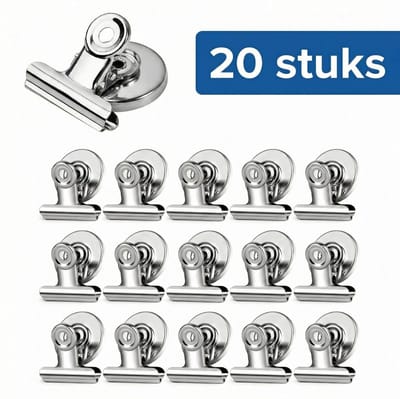JustValue Magnetische Clips - 20 Stuks - Koelkast Magneetklemmen - Metalen Papierklem - Extra Sterke Magneet - Voor Whiteboard & Kantoor - Notities - Foto’s - Bonnetjes