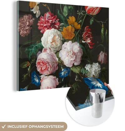MuchoWow® Glasschilderij 160x120 cm - Schilderij acrylglas - Stilleven met bloemen in een glazen vaas - Schilderij van Jan Davidsz. de Heem - Foto op glas - Schilderijen