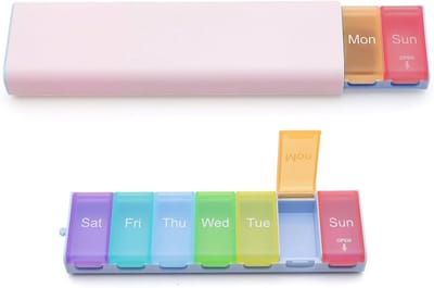 Tablettendoos voor 7 dagen, compacte pillendoos met 7 gekleurde vakken, handige medicijnorganizer voor thuis en onderweg, ideaal voor reizen en kantoorgebruik