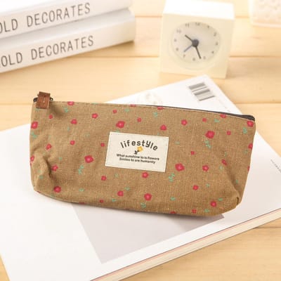 KELERINO. Bloemen School Etui - Etui voor pennen en potloden - Bruin