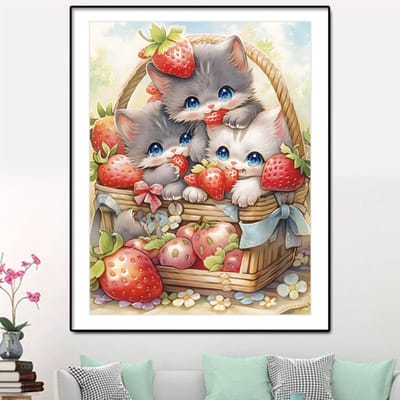 DIY kruissteekborduurpakket/Zorgeloze kat en aardbei/gedrukt kruissteekpatroon borduurpakket (frame niet inbegrepen) 40*50CM