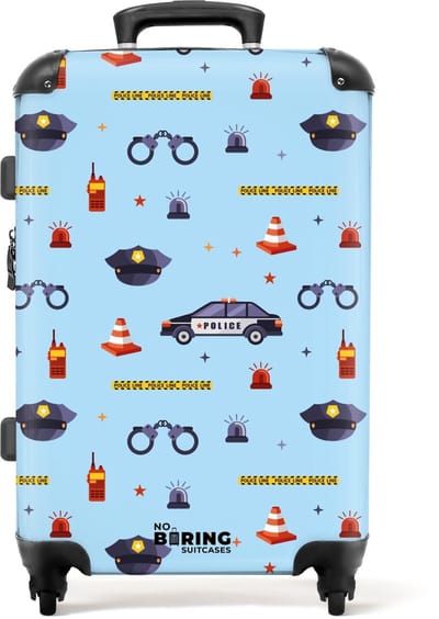 NoBoringSuitcases.com® - Kinderkoffer - Kindertrolley jongen en meisje - Politie en veiligheidspatroon op lichtblauw - Koffer kind groot - Rolkoffer lichtgewicht - Reiskoffer met 4 wielen - Grote trolley XL - 20 kg bagage