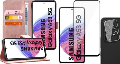 Hoesje geschikt voor Samsung Galaxy A53 - Book Case Kunstleer Wallet Cover Portemonnee Pasjeshouder Hoes Roségoud - Full Tempered Glass Screenprotector - Camera Lens Protector
