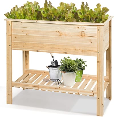 COSTWAY Verhoogd bloembed met plank, plantenbak, houten plantenbak, bloembed, kruidenbak, plantenbak, groot, kweekbed voor tuin, balkon, 92 x 41 x 81 cm