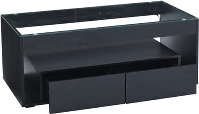 Moderne salontafel met 16-kleurig LED-licht, rechthoekige salontafel met 2 grote lades, ruime glazen salontafel, dubbellaags design, hoogglans, grote salontafel, zwart