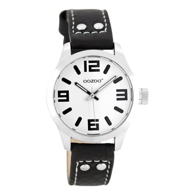 OOZOO Timepieces - Zilverkleurige horloge met zwarte leren band - JR158