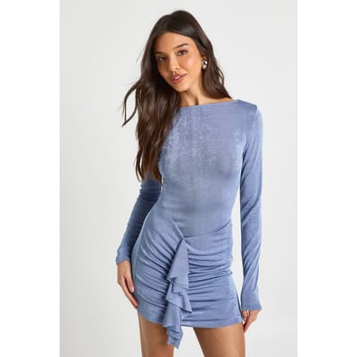boohoo Dames Acetaat Slinky Mini-jurk met slash-hals en ruche detail | Slate Blue | Maat: 8