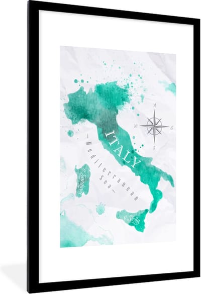 Poster in lijst - Fotolijst 60x90 cm - Posters - Italië - Wereldkaart - Turquoise - Posterlijst zwart - Decoratie - Wanddecoratie woonkamer - Muurdecoratie slaapkamer