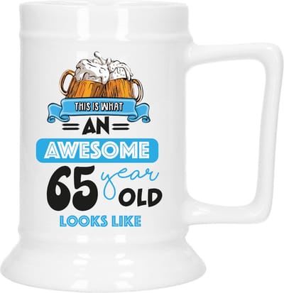 Bellatio Decoration Cadeau Bierpul voor 65 jaar - blauw - grappige leeftijd bierpul - keramiek