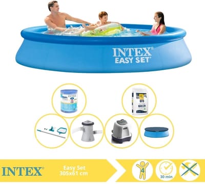 Intex Rond Opblaasbaar Easy Set Zwembad - 305 x 61 cm - Blauw - Inclusief Afdekzeil - Zwembadfilterpomp - Filter - Schoonmaakset - Zoutwatersysteem - Zwembadzout - 7-delig