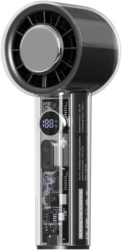 Draagbare zakventilator met ingebouwde koeler, 5000mAh-batterij, led-scherm, krachtige turbofunctie en transparante behuizing. Ideaal voor op reis, de zomer, concerten en buitenactiviteiten.
