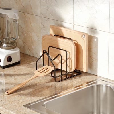 Dailygoods - PAVSTINE Snijplankhouder met 4 vakken, Dekselhouder Lade voor Potdeksels, Potdekselhouder Lepelrek Keukenorganizer voor Potdeksels van 16-34 cm, Bakplaat Houder Opslag, Zwart