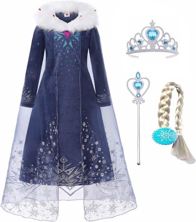 Prinsessenjurk meisje - Elsa jurk - maat 122/128 - inclusief tiara, toverstaf, Elsa haarvlecht - verkleedkleding