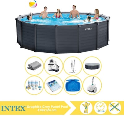 Intex Graphite Gray Panel Zwembad - Opzetzwembad - 478x124 cm - Inclusief Onderhoudspakket, Glasparels, Zwembad Stofzuiger en Voetenbad