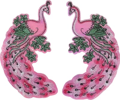 Patch - Strijkembleem - Pauwen - links en rechts - 15 x 8 cm - Licht Roze