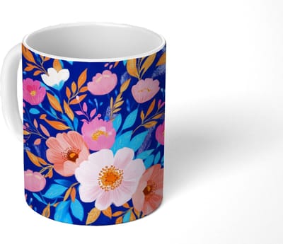 Mok - Koffiemok - Bloemen - Blauw - Roze - Mokken - 350 ML - Beker - Koffiemokken - Theemok
