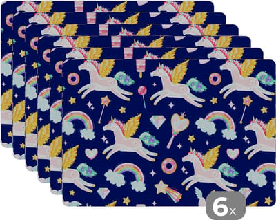 Placemat - Placemats kunststof - 45x30 cm - Eenhoorn - Regenboog - Diamant - Patronen - 6 stuks - Borden onderleggers antislip - Tafel decoratie - Luxe tafelversiering - Tafelmat vinyl - Bord onderlegger - Tafeldecoratie accessoires