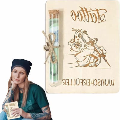 Houten Geldgeschenk voor Tattoo Liefhebbers, Origineel Cadeau voor Mannen en Vrouwen, Leuke Houten Gift Box met Hart en Jute Touw, Perfect voor Verjaardagen en Feestdagen