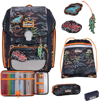 Scout Schooltas Safety Light Genius Set 5-delig Flames Donkergrijs
