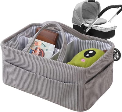 Luier Organizer - Opbergtas Mand - Babykamer Organiseren - Zacht Corduroy Materiaal - 38x25x18 cm - Grijs