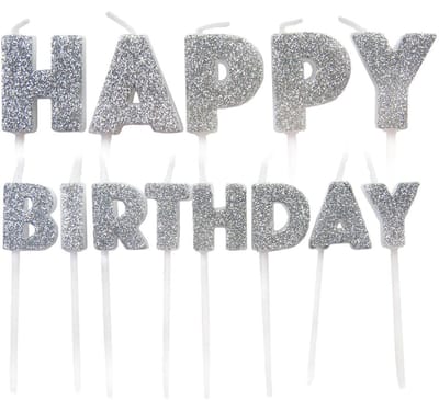 CREATIVE PARTY - Happy Birthday kaarsen op prikkers zilver glitter 5,5 tot 7 cm, set van 13