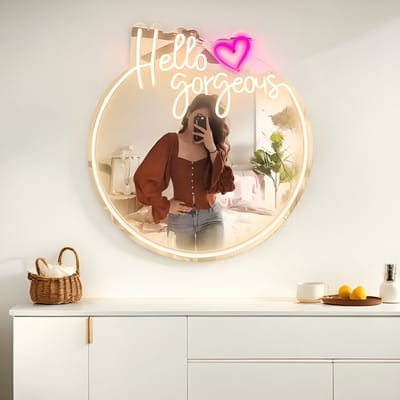 Neon Lamp Decoratie Spiegel – Hello Gorgeous – 45 x 45 CM - Dimbaar - USB A – Led Verlichting - Incl. Ophangmateriaal
