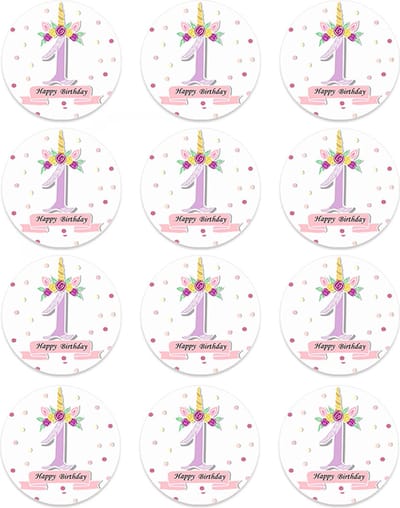 DW4Trading Sticker Happy Birthday Eenhoorn 1 Jaar - Ø 4,5 cm - 12 Stuks - Paars
