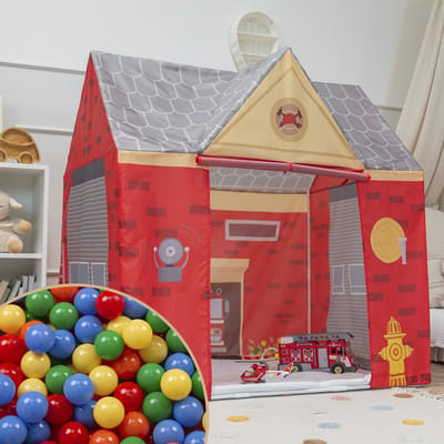 Selonis Speeltent Brandweerkazerne Met 100 Ballen Opvouwbaar Voor Kinderen Realistisch Ontwerp Duurzaam En Veilig Makkelijk Te Monteren Binnen En Buiten, Rood-Grijs:Geel/Groen/Blauw/Rood/Oranje