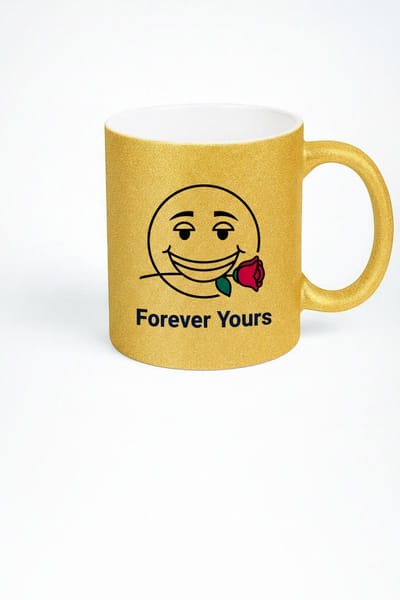 Forever Yours" Gouden Glitter Mok met Roos Emoji | Romantisch Cadeau voor Liefde