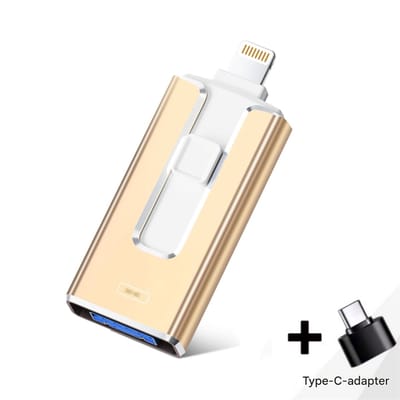 QTTVBTNA - 4-in-1 USB Stick - USB 3.0, Lightning, Micro USB, USB-C - 256GB - Plug-and-Play - Perfecte Opslag voor Foto's, Video's, en Bestanden - Goud - 1 stuk