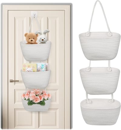 Hanging Basket met 3 Dieren van Gevlochten Katoenen Touw voor Wanddecoratie en Opslag (Wit)