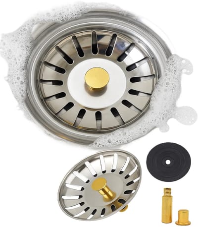 RVS Gootsteenstop / Afvoerzeef – Metalen Afvoerplug met Gouden Pin – 8 cm – Universeel – Verwijderbaar & Hygiënisch – Anti-verstopping – Zilver/Goud