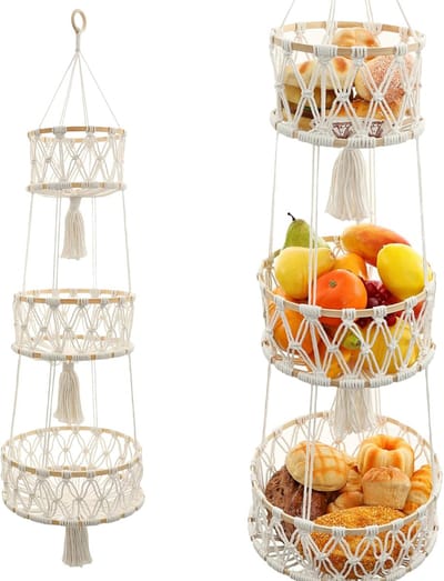 Famanu – Hangende fruitmand 3 etages macramé – handgeweven katoenen opbergnet voor keuken en boho in
