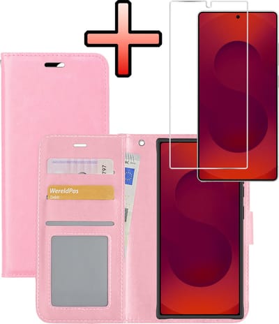 Hoesje - Met Screenprotector - Geschikt voor Samsung Galaxy S25 Ultra - Luxe Pasjeshouder - Bookcase Portemonee - Flip Case - Kunstleer Book Case - Flipcase - Book Cover - Walletcase - Portemonneehoes - Lichtroze