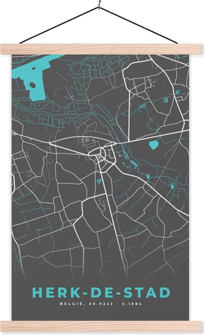 Posterhanger incl. Poster 40x60 cm - Schoolplaat - Plattegrond – Herk de Stad – Blauw – Stadskaart - Kaart - Textielposter - Blanke latten - Stadskaart