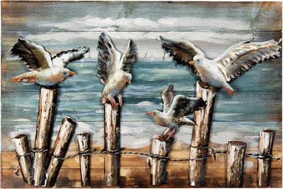 Clayre & Eef Metalen schilderij 75*50 cm Blauw Ijzer Meeuwen Wanddecoratie Muurdecoratie Schilderij