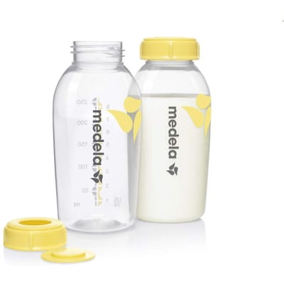 Medela Flessen voor Moedermelk, 250 ml, Set van 2, Invriezen of Koelen, Afkolven, Bewaren en Voeden in Eén Fles, Magnetronbestendig, Zachte Ondersteuning voor