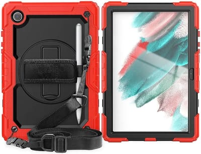 Hoes met ingebouwde Screenprotector Geschikt voor Samsung Galaxy Tab A8 | Inclusief 360° Draaibare Handriem en Schouderriem | Extreme bescherming | Ideaal voor zakelijk gebruik | Rood
