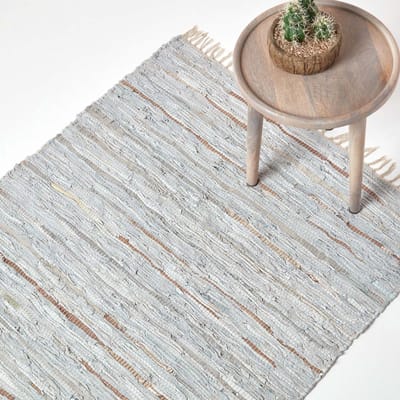 Homescapes Glitter leren vloerkleed zilver-natuur 90x150 cm, handgeweven vloerkleed van gerecycled leer