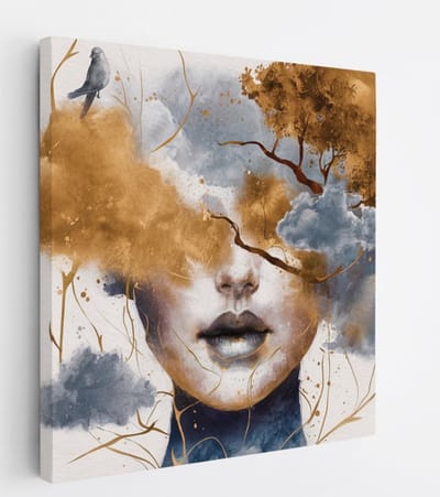 Saammp Canvas Schilderij - Vrouw met wolken van goud - abstract - 20x20 - Foto op canvas - Wanddecoratie - Muurdecoratie Woonkamer - Slaapkamer decoratie - Canvas Print