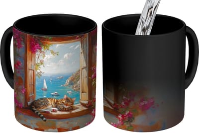 Magische Mok - Foto op Warmte Mokken - Koffiemok - Kat - Blauwe zee - Roze bloemen - Magic Mok - Beker - 350 ML - Theemok