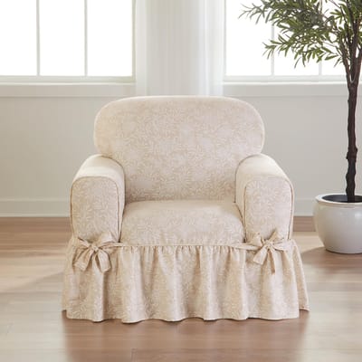 Essential Twill ruches stoel slipcovers, stoelhoes met katoen bedrukt ontwerp uit één stuk en ruches rok, machine wasbare fauteuilhoes, neutrale bloemen