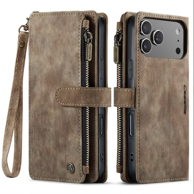CaseMe – Telefoonhoesje geschikt voor AppleiPhone 17 Pro – Wallet Rits Book Case – Magnetische Sluiting & Portemonnee – PU Leer – Bruin